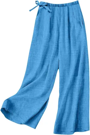 Baggy Linen Pants Women Summer Drawstring Elastic Waist Wide Leg Lounge Pant Loose Flowy Beach Trousers with Pockets