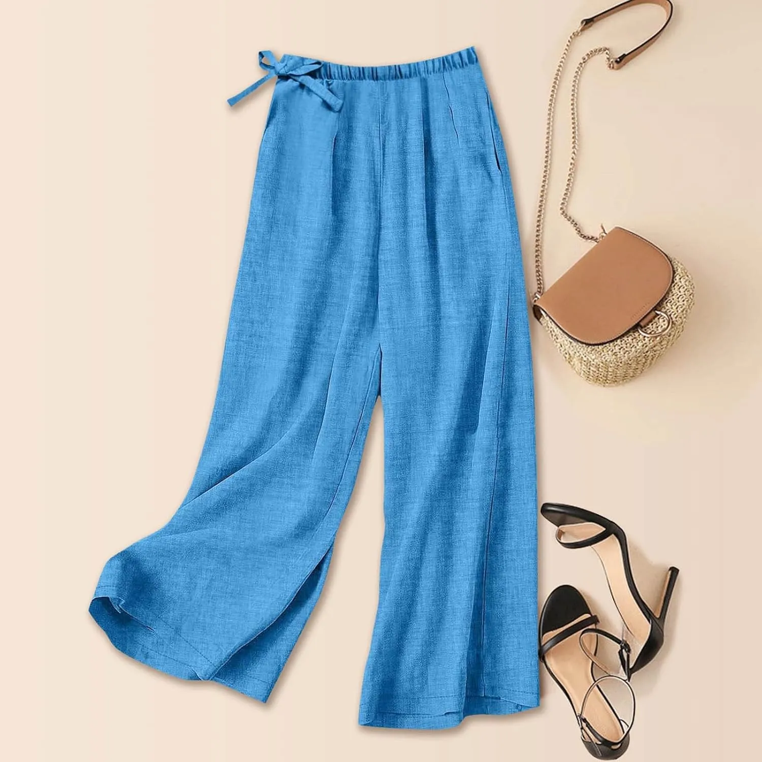 Baggy Linen Pants Women Summer Drawstring Elastic Waist Wide Leg Lounge Pant Loose Flowy Beach Trousers with Pockets