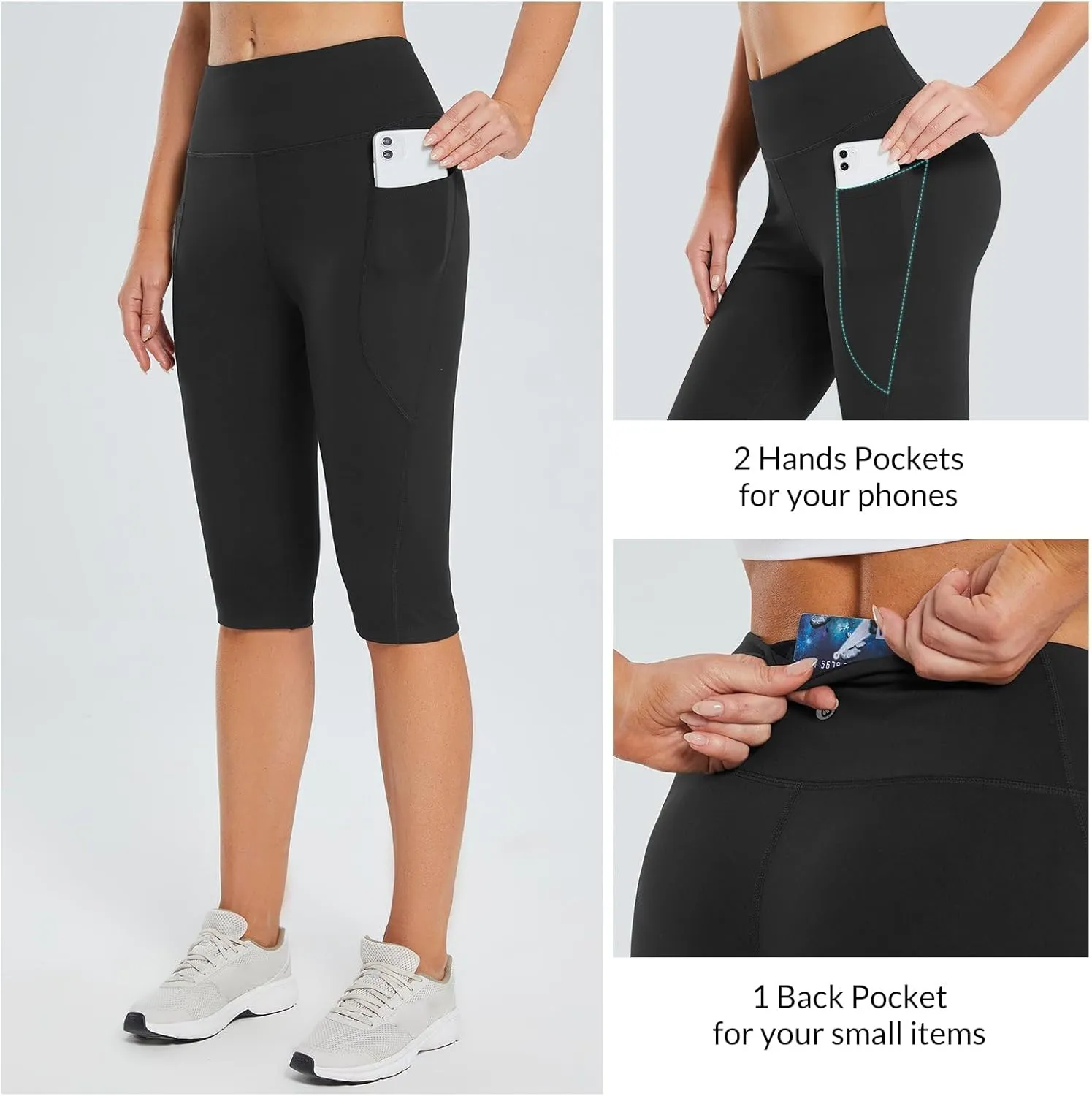 baleaf Women's Capri Leggings with Pockets High Waisted Knee Length Capris Stretch for Casual Yoga Pants Workout Exercise