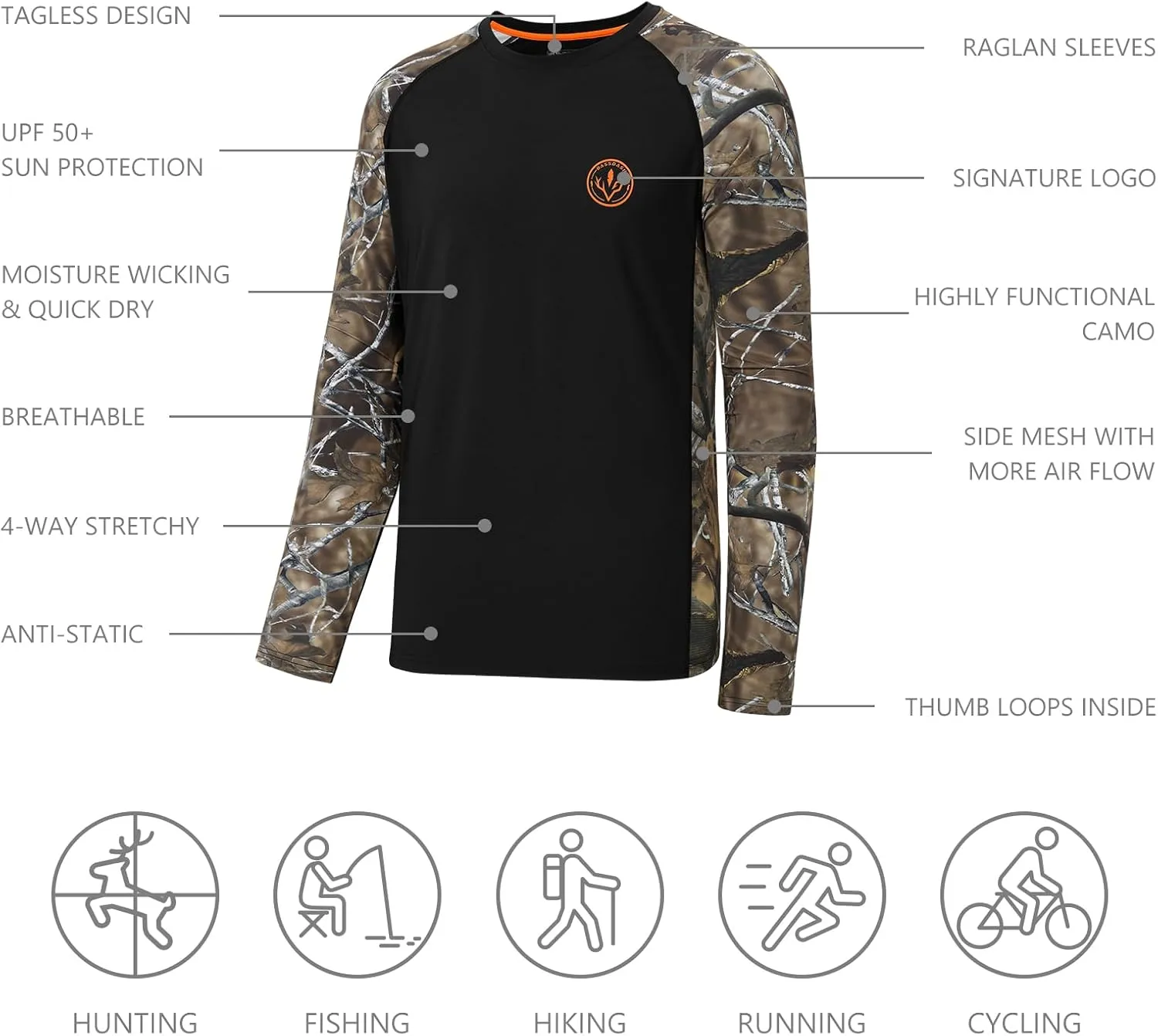 BASSDASH Mens Lightweight Camo Hunting Shirt UPF 50  Sun Protection Long Sleeve Hiking Fishing Performance Tee Mesh Panels