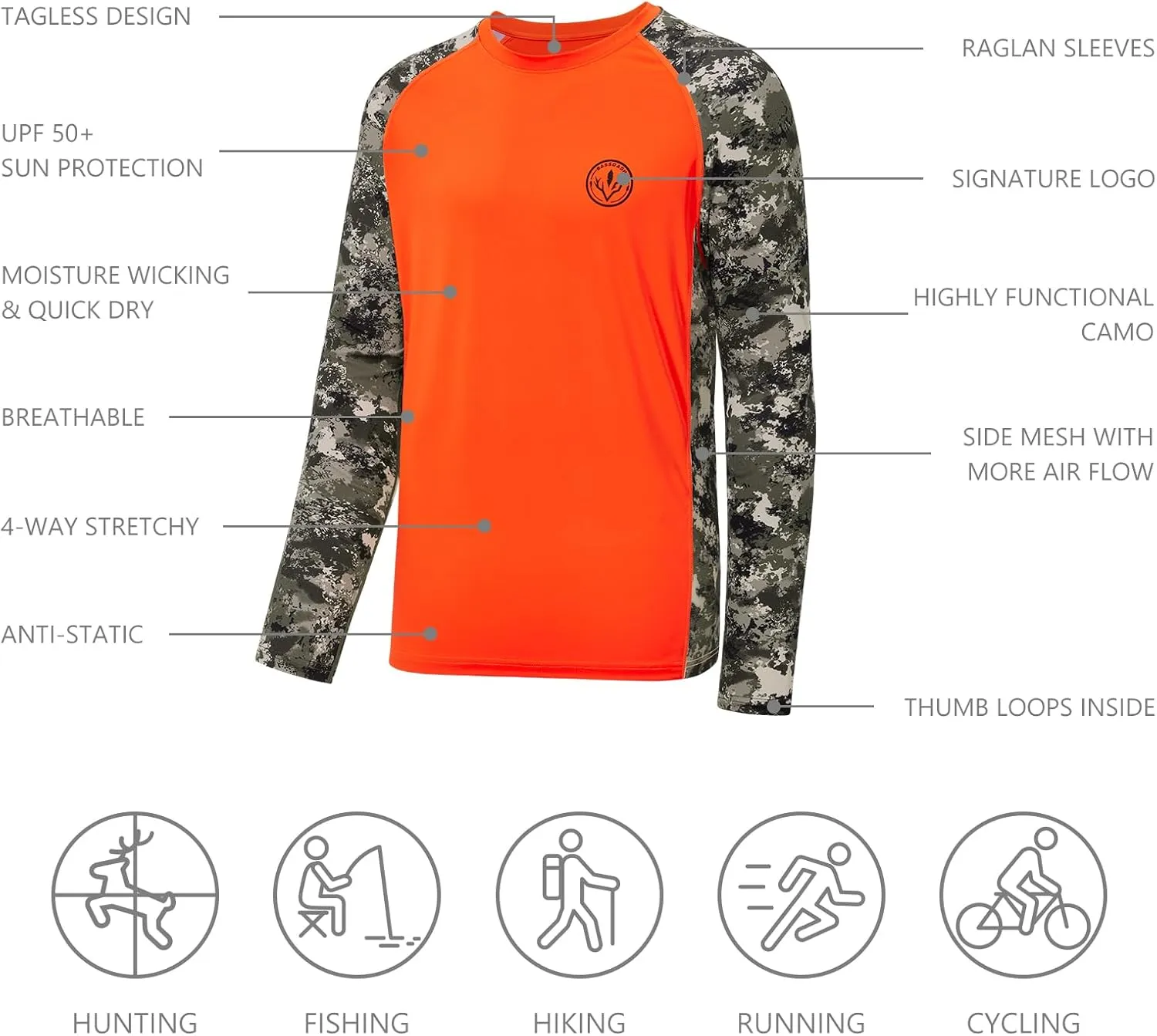 BASSDASH Mens Lightweight Camo Hunting Shirt UPF 50  Sun Protection Long Sleeve Hiking Fishing Performance Tee Mesh Panels