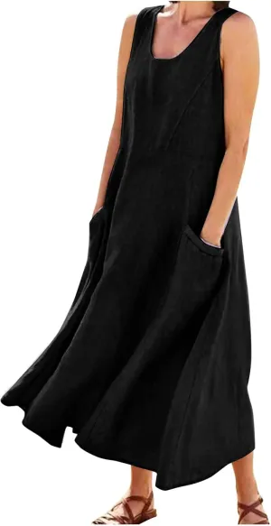 Beach Vacation Clothes for Women Casual Summer 2025 Sleeveless Flared Maxi Dress Low Neck Sundresses with Pockets