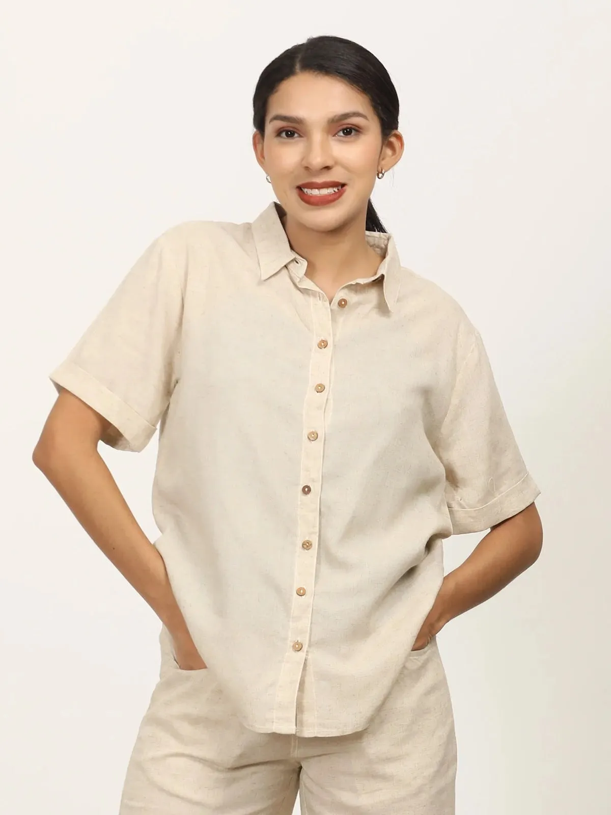 Beige Linen Button Down Half Sleeve Shirt