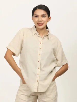 Beige Linen Button Down Half Sleeve Shirt
