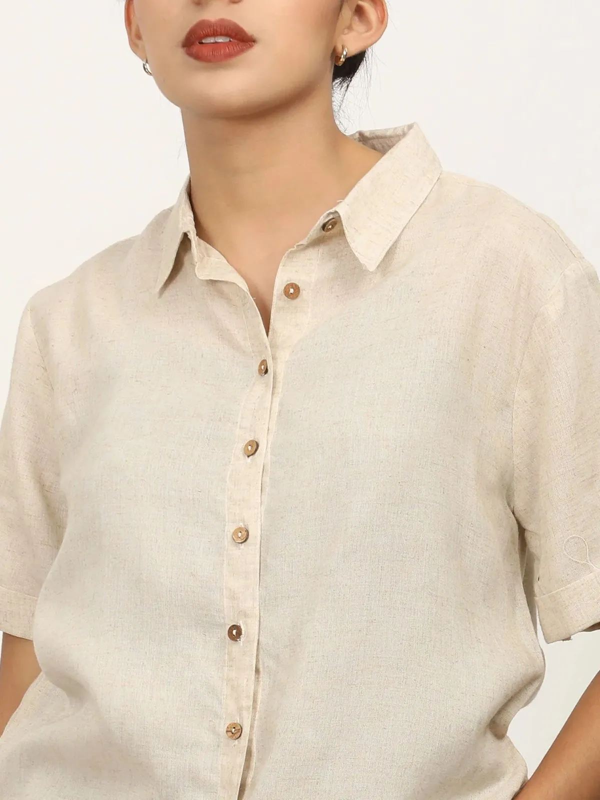 Beige Linen Button Down Half Sleeve Shirt