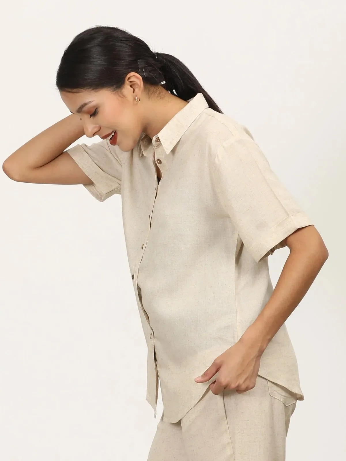 Beige Linen Button Down Half Sleeve Shirt