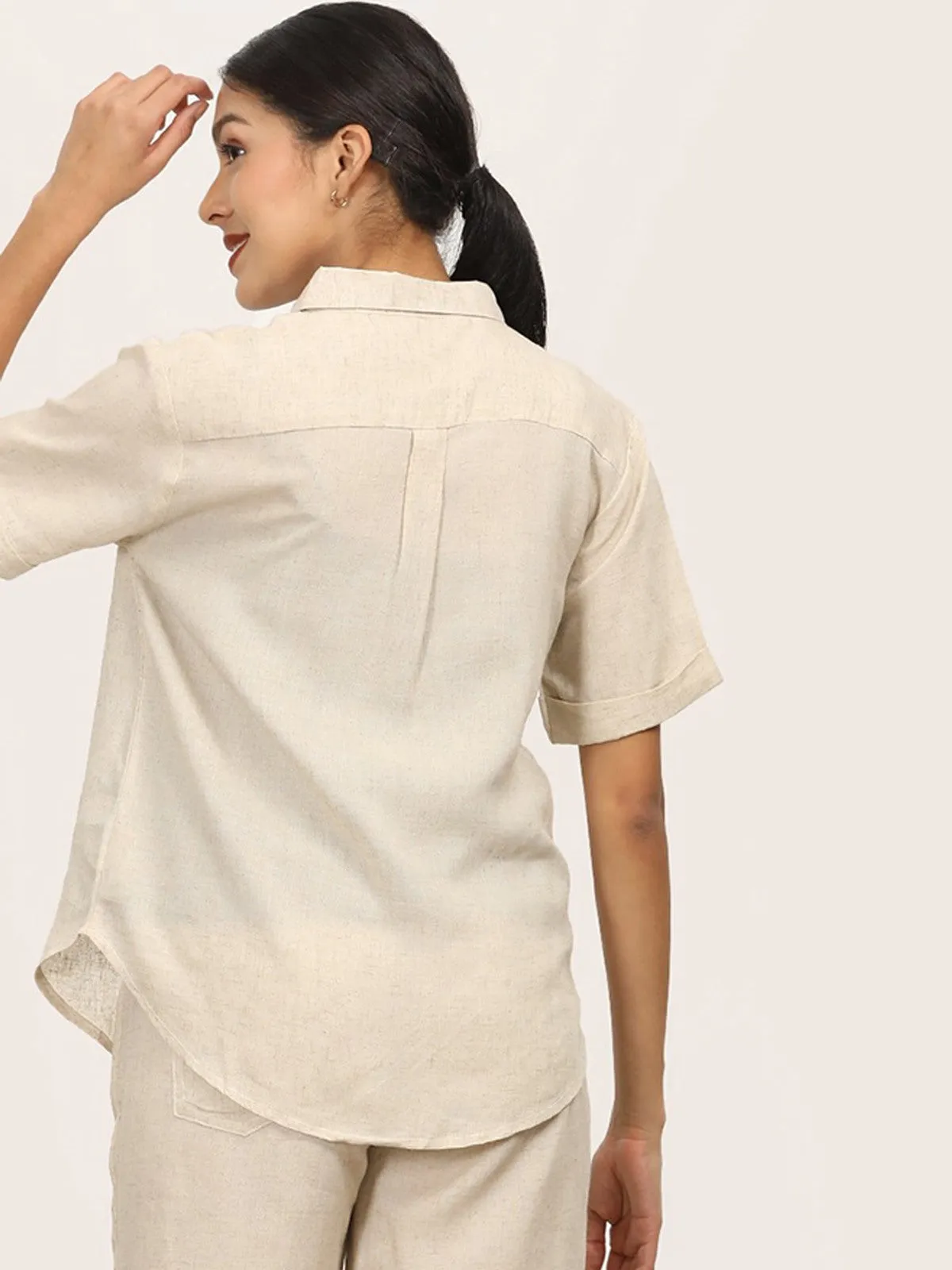 Beige Linen Button Down Half Sleeve Shirt