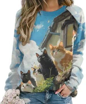 Bengbobar Tops for Women Casual Fall Plus Long Sleeve Crewneck Shirts Cute Cat Graphic Hoodies Trendy Womens Sweatshirt
