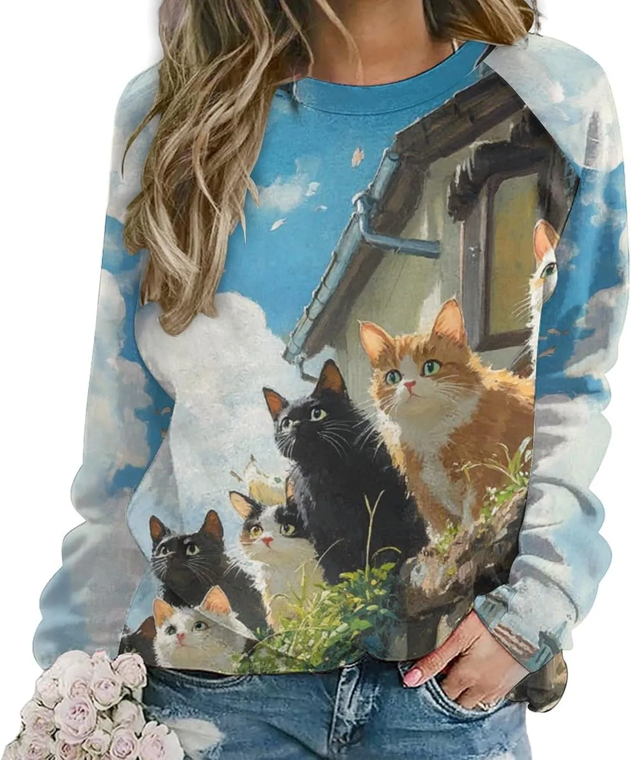 Bengbobar Tops for Women Casual Fall Plus Long Sleeve Crewneck Shirts Cute Cat Graphic Hoodies Trendy Womens Sweatshirt