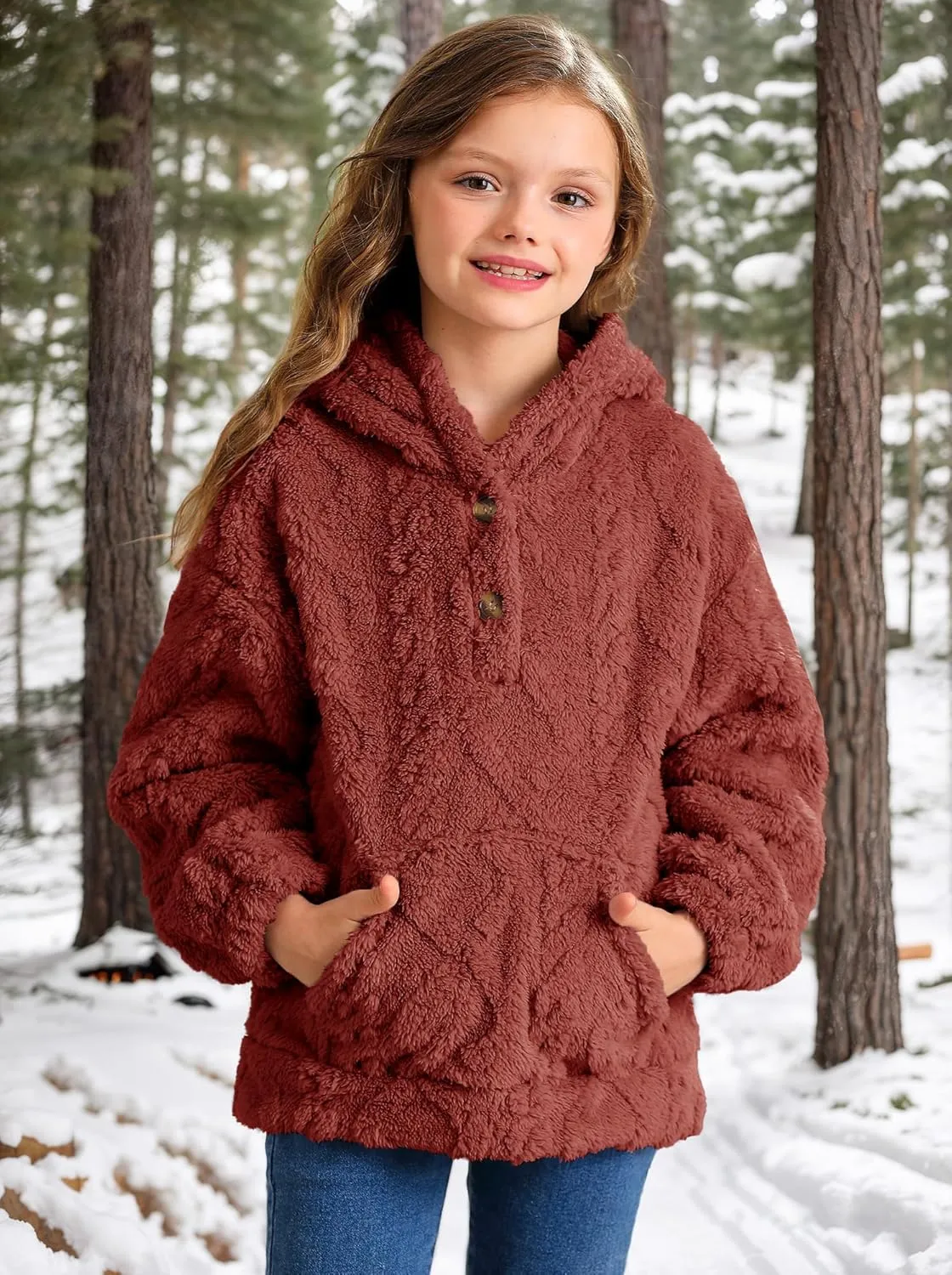 BesserBay Girls Fuzzy Hoodie Button Down Fleece Sherpa Cable Knit Pullover Sweatshirt with Pockets 5-14 Years