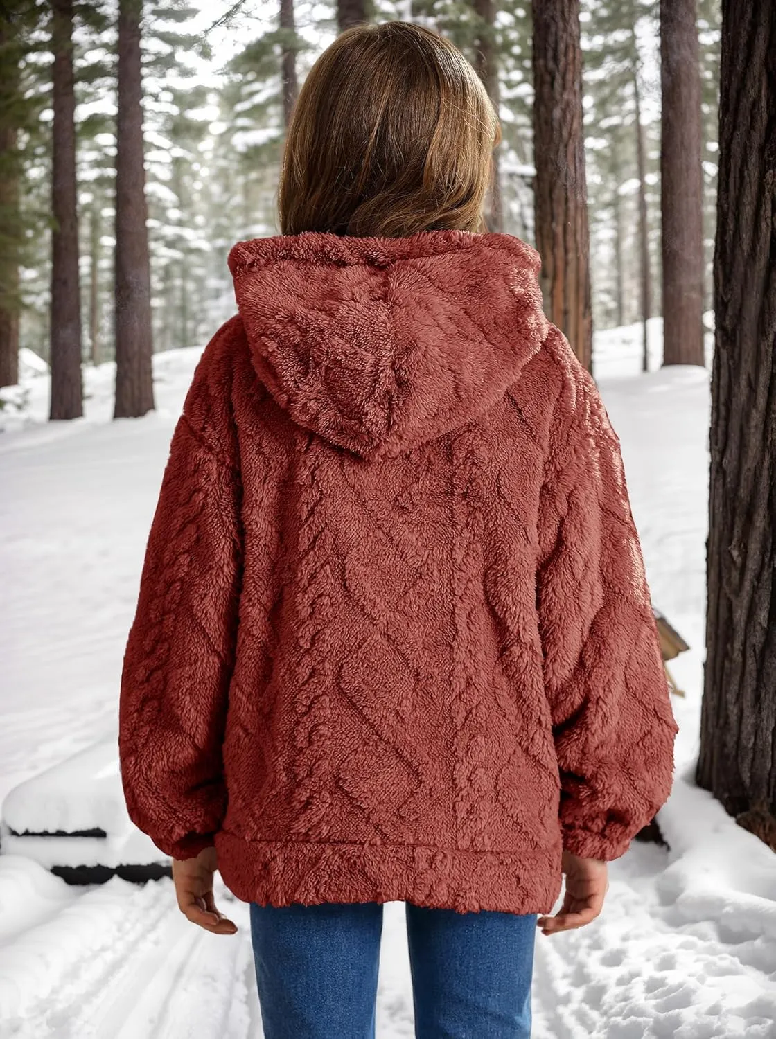 BesserBay Girls Fuzzy Hoodie Button Down Fleece Sherpa Cable Knit Pullover Sweatshirt with Pockets 5-14 Years