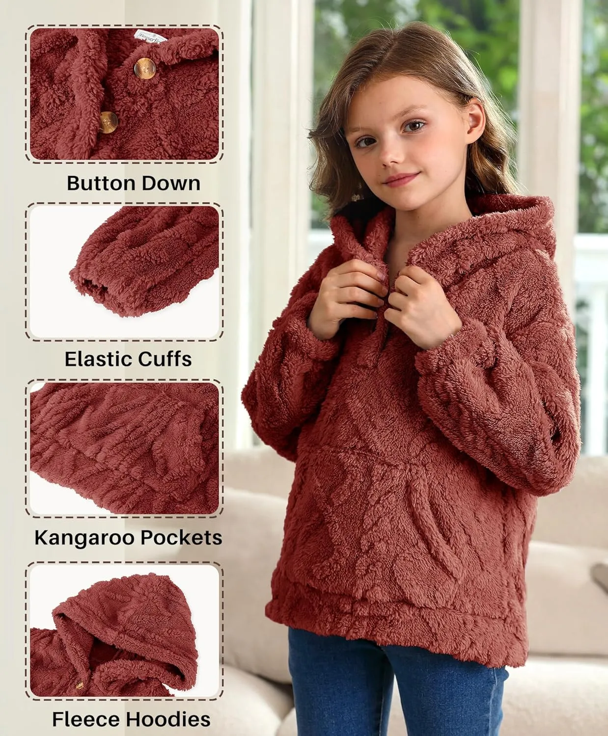 BesserBay Girls Fuzzy Hoodie Button Down Fleece Sherpa Cable Knit Pullover Sweatshirt with Pockets 5-14 Years