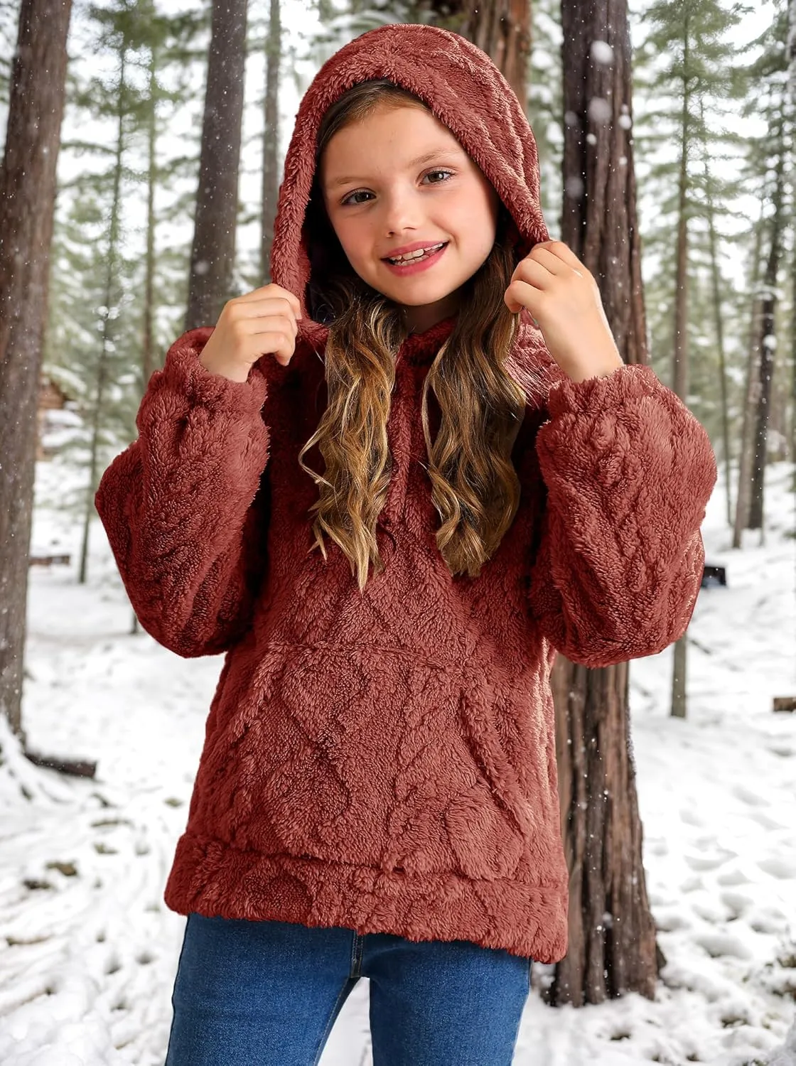BesserBay Girls Fuzzy Hoodie Button Down Fleece Sherpa Cable Knit Pullover Sweatshirt with Pockets 5-14 Years
