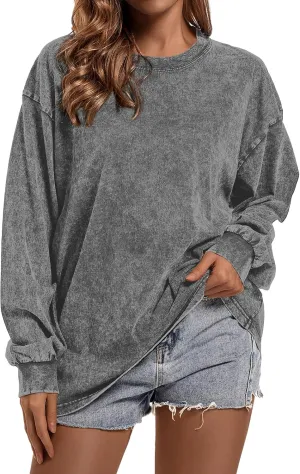 BINTEHGS Crewneck Oversized Sweatshirt for Women Loose Fit Long Sleeve Shirts Vintage Acid Wash Tshirt Basic Solid Color Tee