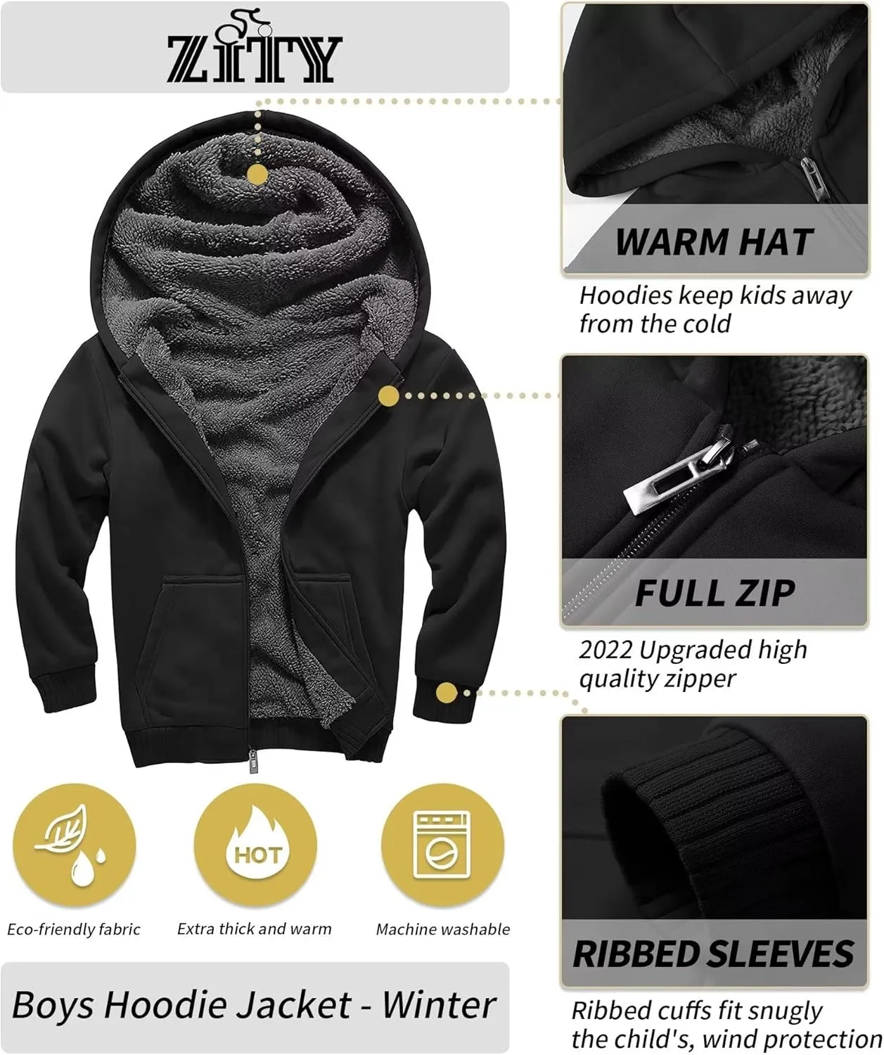 Boys Fleece Jacket Zip Up Hoodie Sherpa Lined Warm Coat Hooded Sweatshirt Outerwear