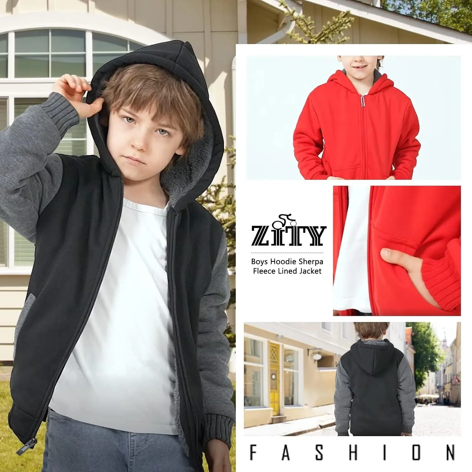 Boys Fleece Jacket Zip Up Hoodie Sherpa Lined Warm Coat Hooded Sweatshirt Outerwear