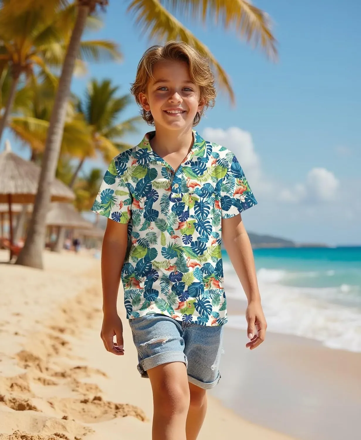 Boys Hawaiian Shirt Polo Tropical Kid Aloha Golf Uniform Short Sleeve Printed Tee Summer Beach Vacation Graphic Top
