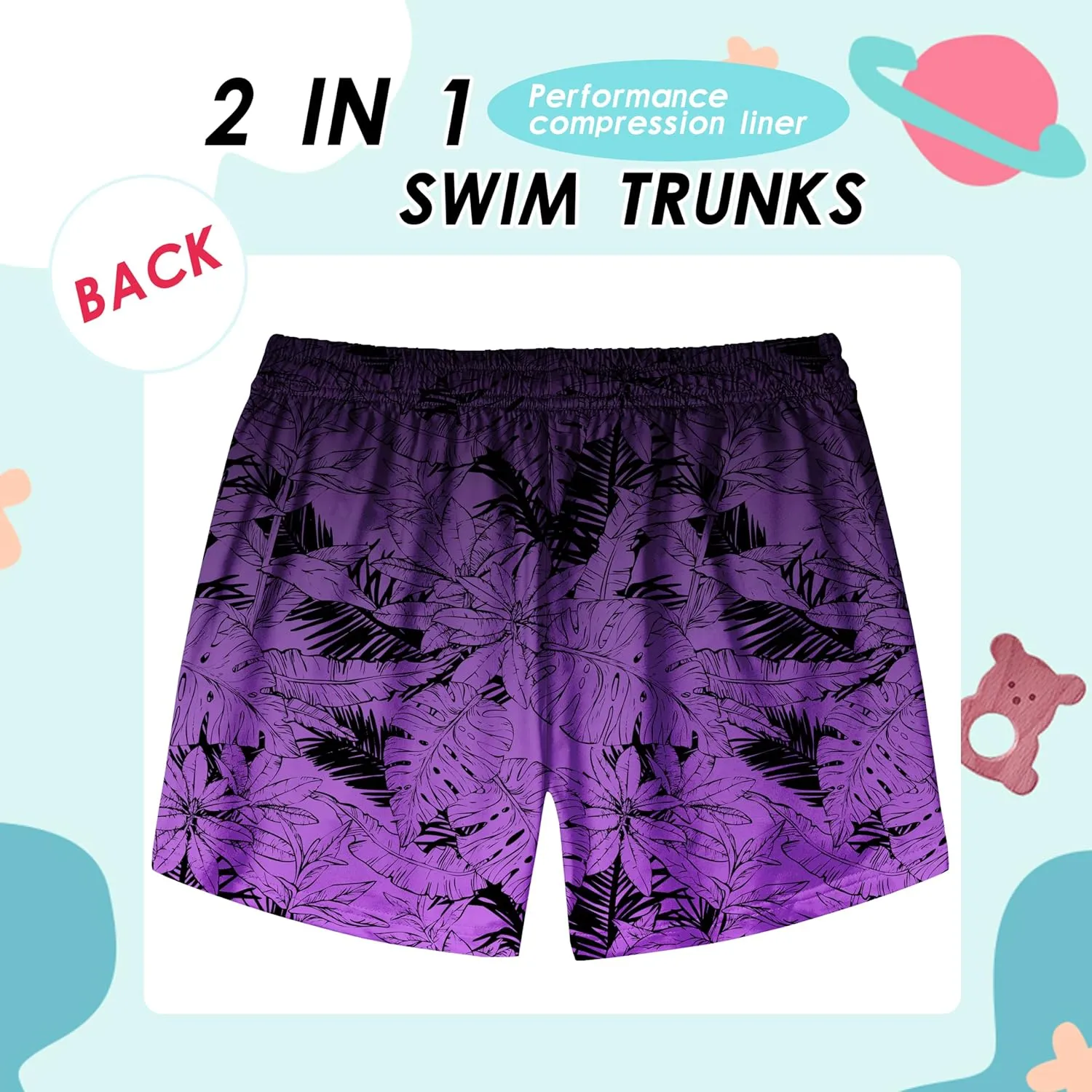 Boys Swim Trunks with Compression Liner Boys Stretch Swim Shorts Quick Dry 2 in 1 Beach Shorts 4-17 Y