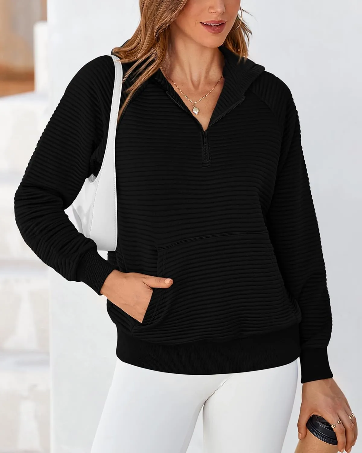 BTFBM Womens 2024 Fall Fashion Casual Hoodies Quarter Zip Sweatshirts Casual Long Sleeve V Neck Solid Pullover Tops
