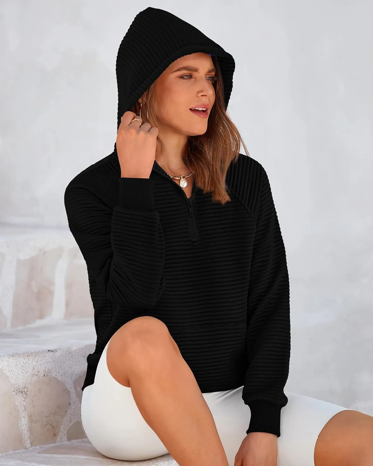 BTFBM Womens 2024 Fall Fashion Casual Hoodies Quarter Zip Sweatshirts Casual Long Sleeve V Neck Solid Pullover Tops