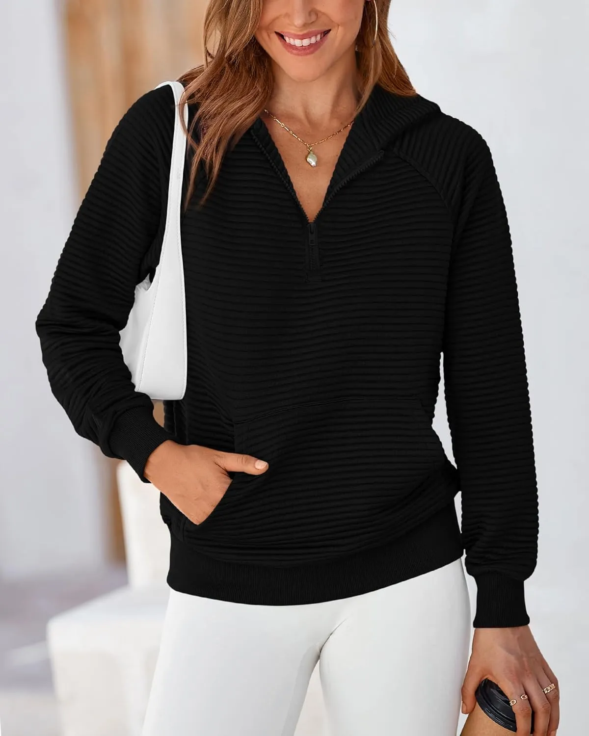 BTFBM Womens 2024 Fall Fashion Casual Hoodies Quarter Zip Sweatshirts Casual Long Sleeve V Neck Solid Pullover Tops