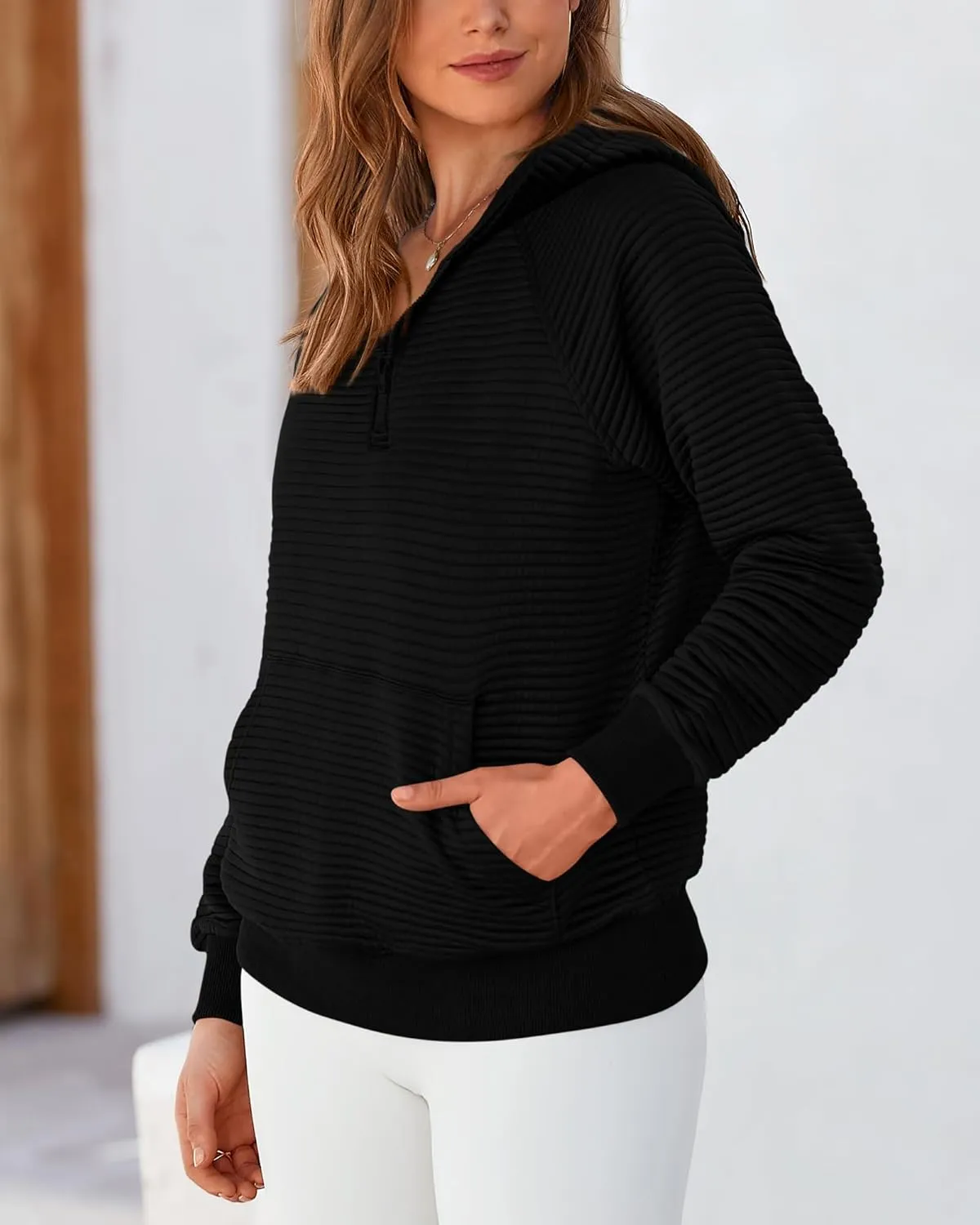 BTFBM Womens 2024 Fall Fashion Casual Hoodies Quarter Zip Sweatshirts Casual Long Sleeve V Neck Solid Pullover Tops