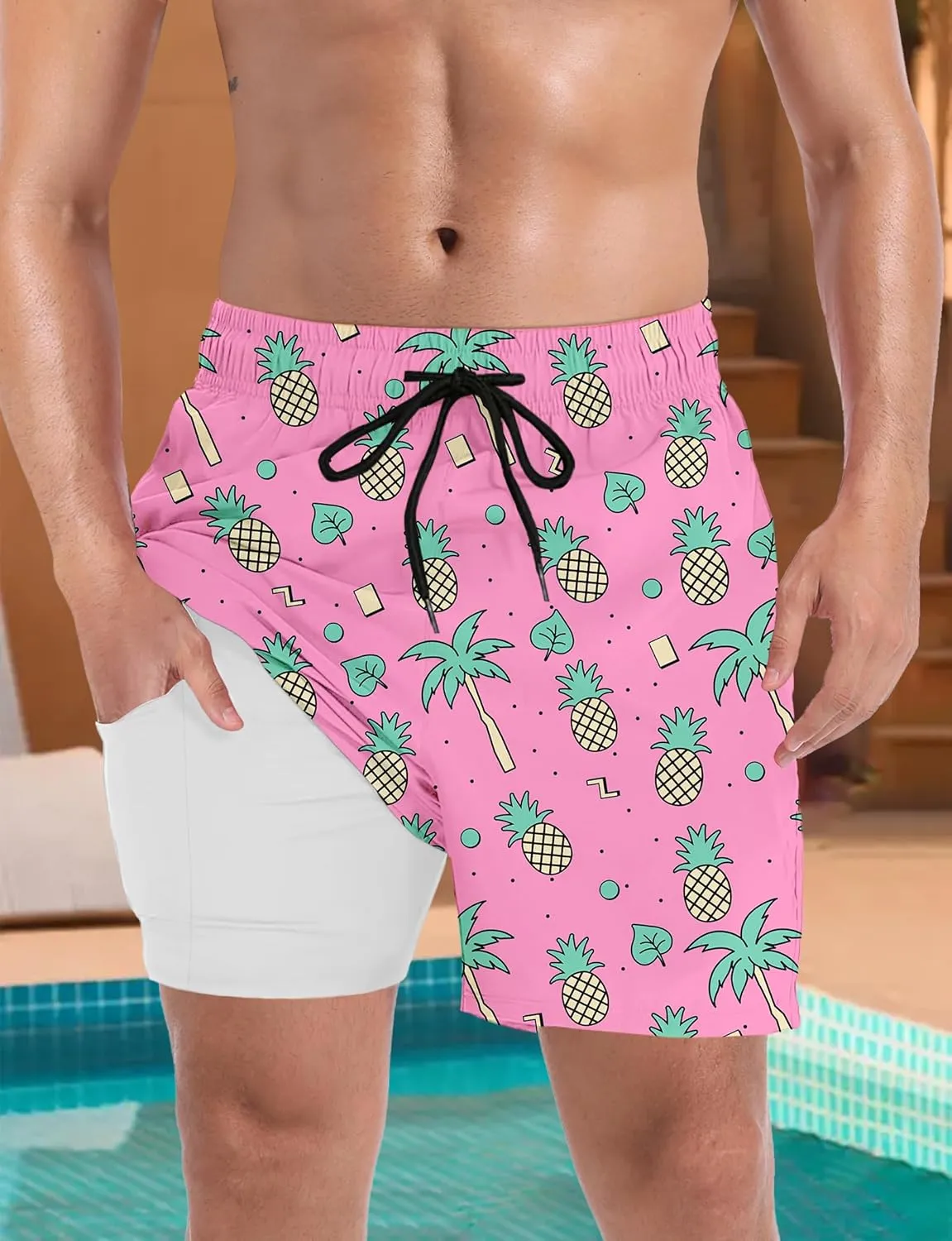 Buauty Mens Swim Trunks with Compression Liner 5 Inch Inseam Swim Shorts Quick Dry Mens Swimsuit Board Shorts with Pockets