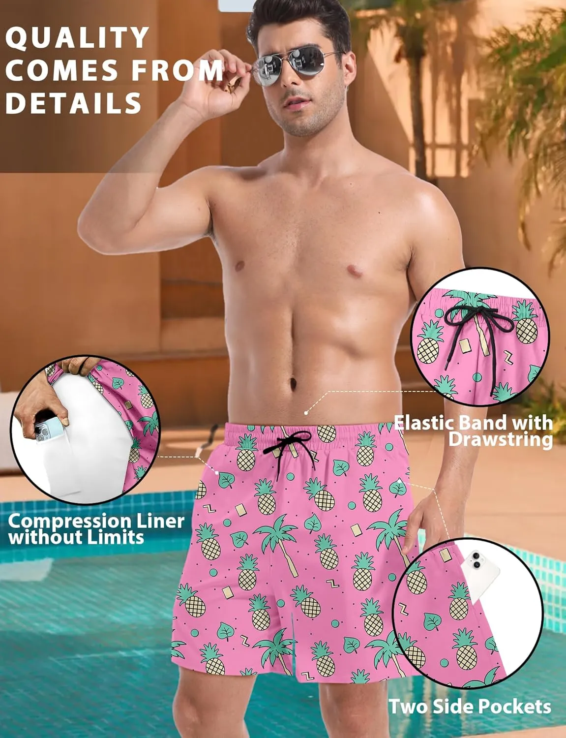 Buauty Mens Swim Trunks with Compression Liner 5 Inch Inseam Swim Shorts Quick Dry Mens Swimsuit Board Shorts with Pockets