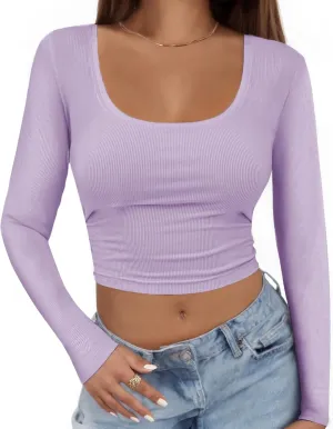 Buauty Women's Long Sleeve Square Neck Crop Tops, Ribbed Knit Slim Fitted Casual Basic Y2K Crop Top Tee Blouse Retro