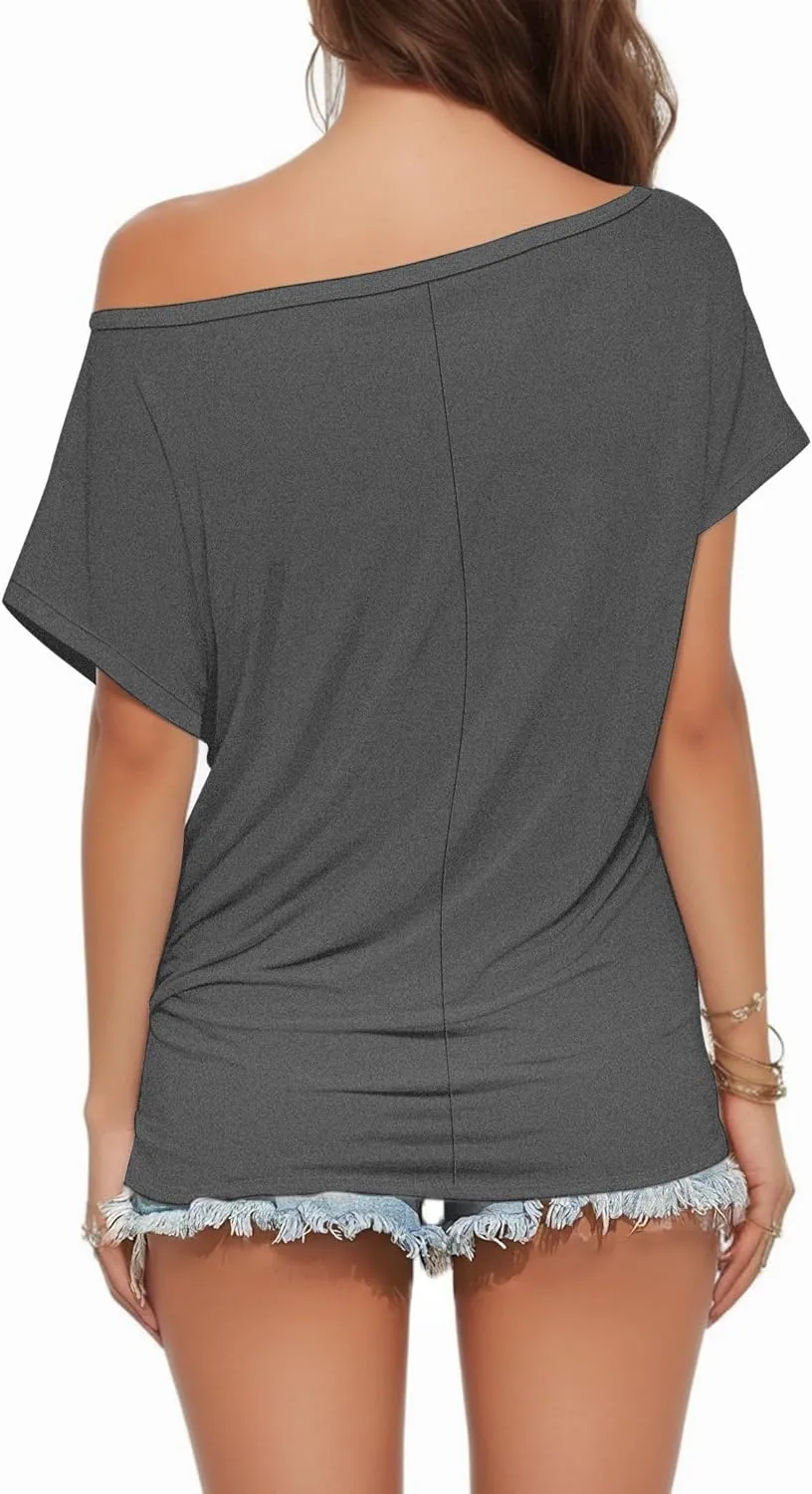 Buauty Womens Summer Off Shoulder Tops Casual Loose Short Sleeve T Shirts One Shoulder Tops Trendy Sexy Cute Tunic Tee