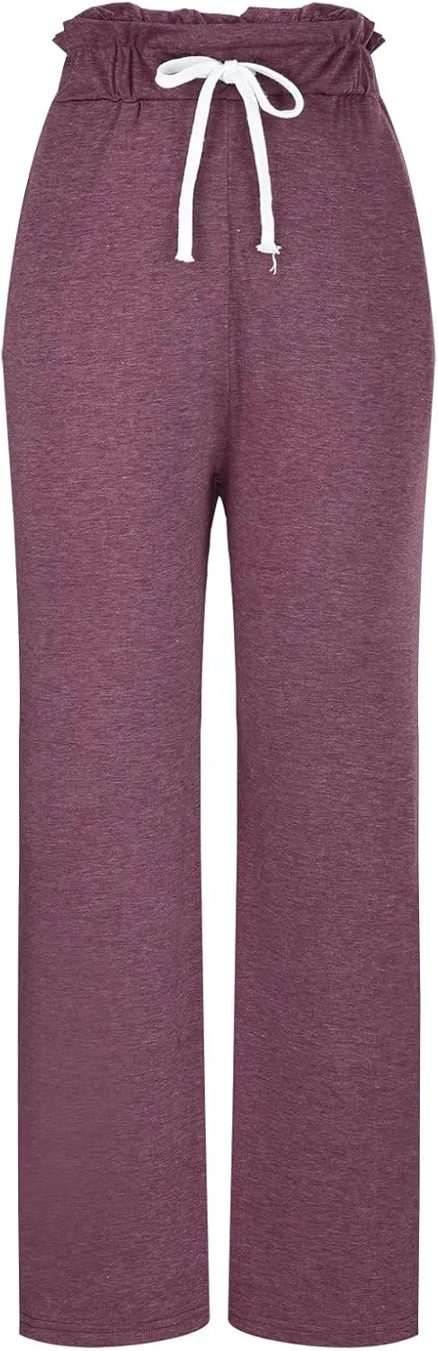 BZGTZT Women's Summer Linen Pants Casual Loose Fit Drawstring Ruffle High Waist Straight-Legs Pants Trousers with Pockets