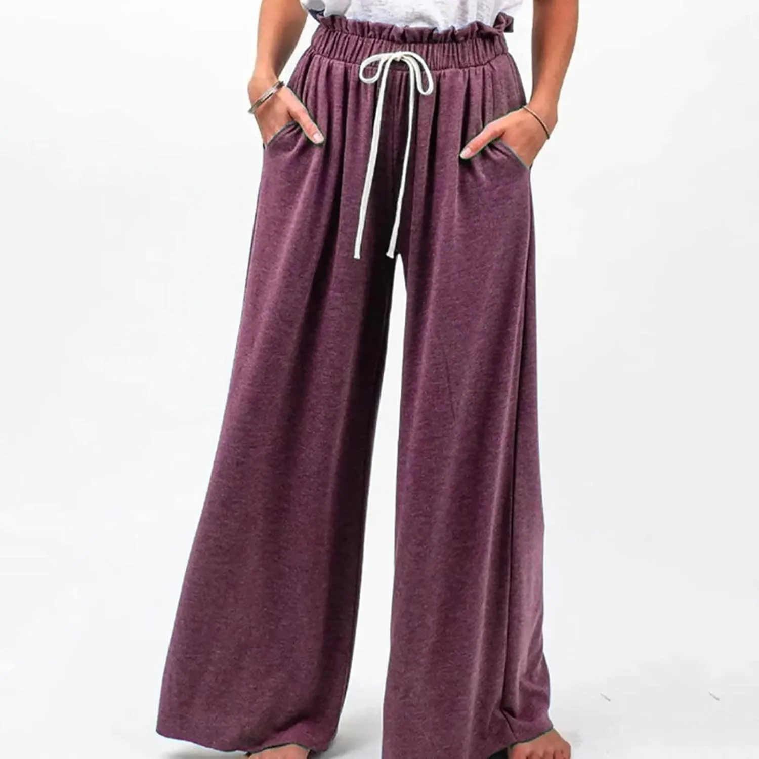 BZGTZT Women's Summer Linen Pants Casual Loose Fit Drawstring Ruffle High Waist Straight-Legs Pants Trousers with Pockets