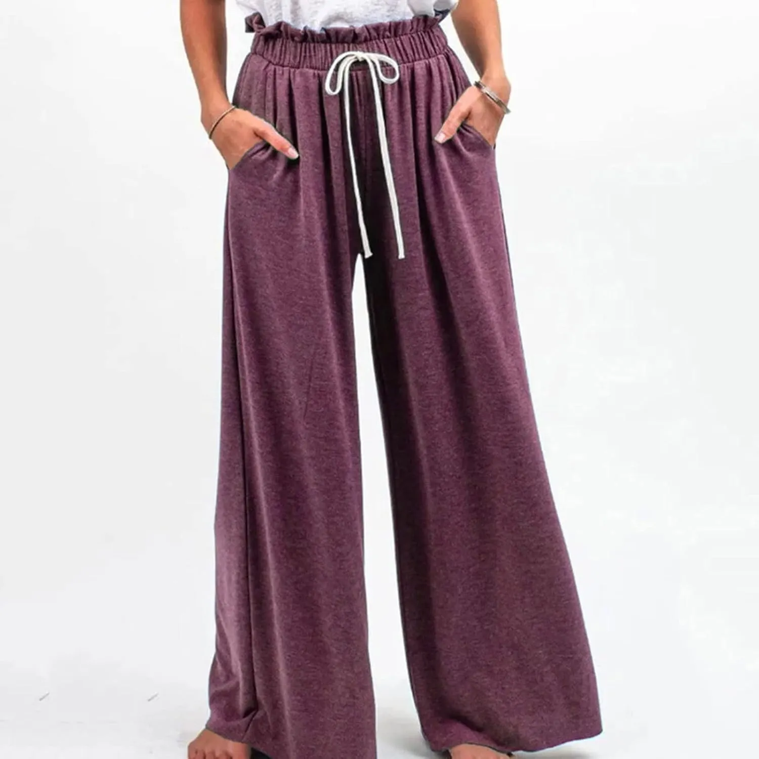 BZGTZT Women's Summer Linen Pants Casual Loose Fit Drawstring Ruffle High Waist Straight-Legs Pants Trousers with Pockets