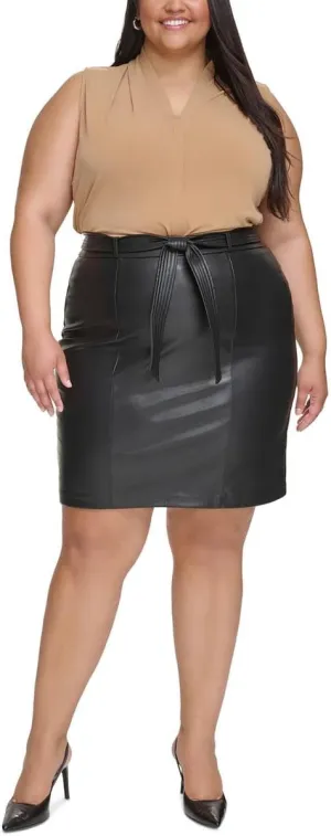 Calvin Klein Womens Belted Faux-Leather Pencil Skirt, Black, Plus Size, 14W