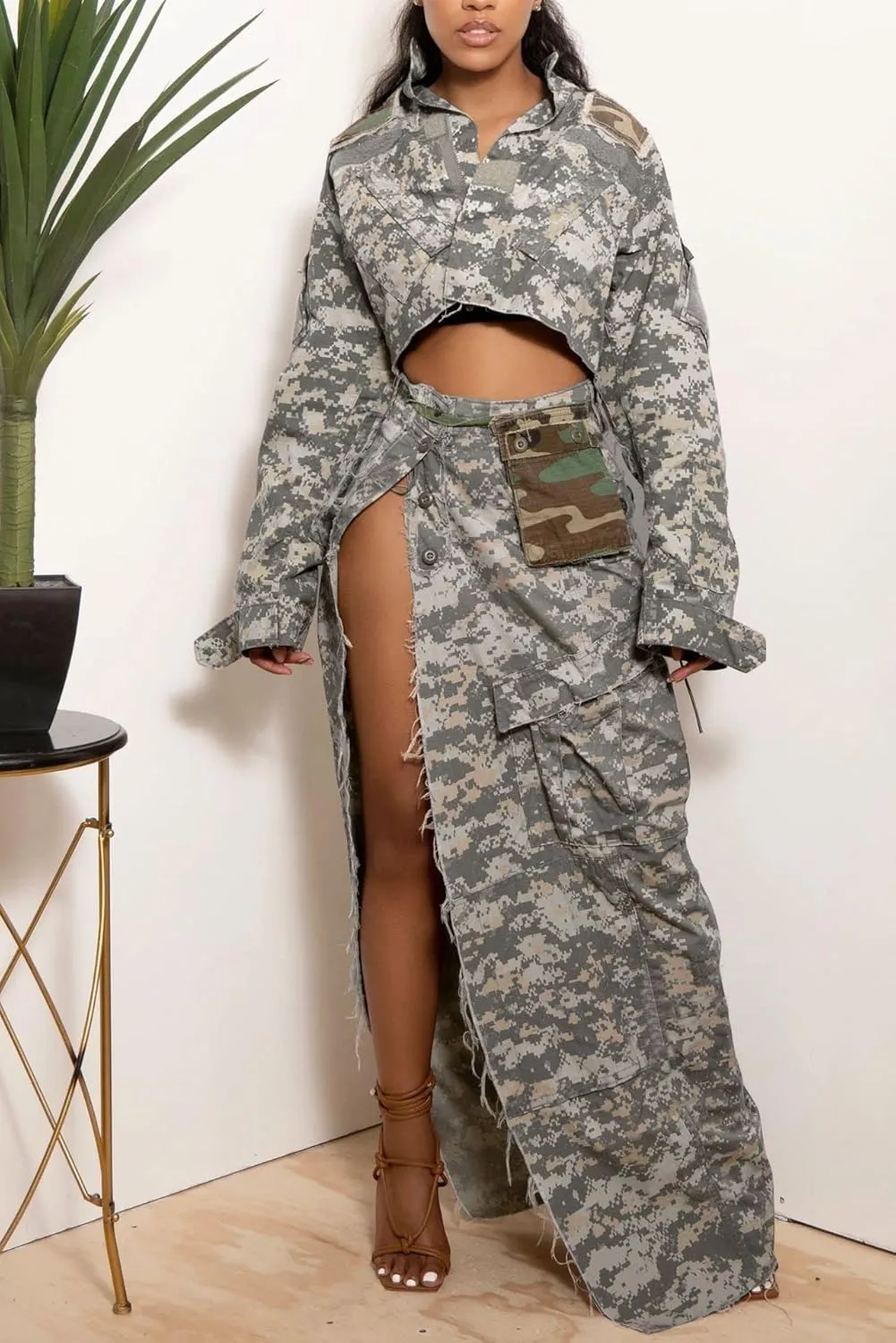 Camo Skirts for Women High Waisted Maxi Mini Skirt with Pocket Camouflage Long Skirt with high Split