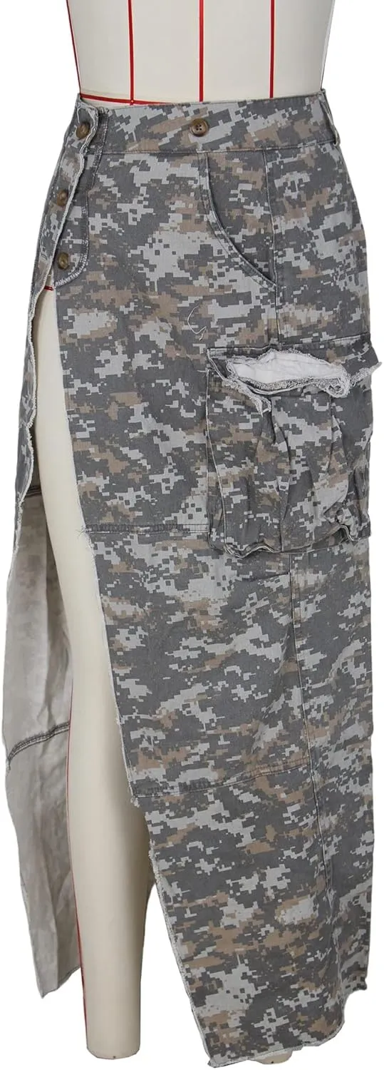 Camo Skirts for Women High Waisted Maxi Mini Skirt with Pocket Camouflage Long Skirt with high Split
