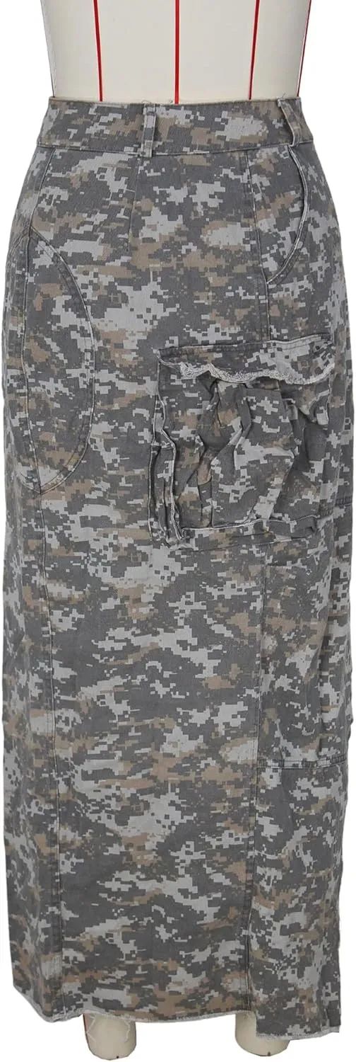 Camo Skirts for Women High Waisted Maxi Mini Skirt with Pocket Camouflage Long Skirt with high Split