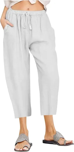 Capri Linen Pants for Women Summer Plus Size Elastic Waist Pants Straight Leg Lounge Pant Casual Cropped Pants