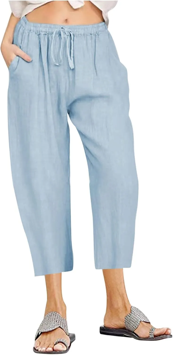 Capri Linen Pants for Women Summer Plus Size Elastic Waist Pants Straight Leg Lounge Pant Casual Cropped Pants