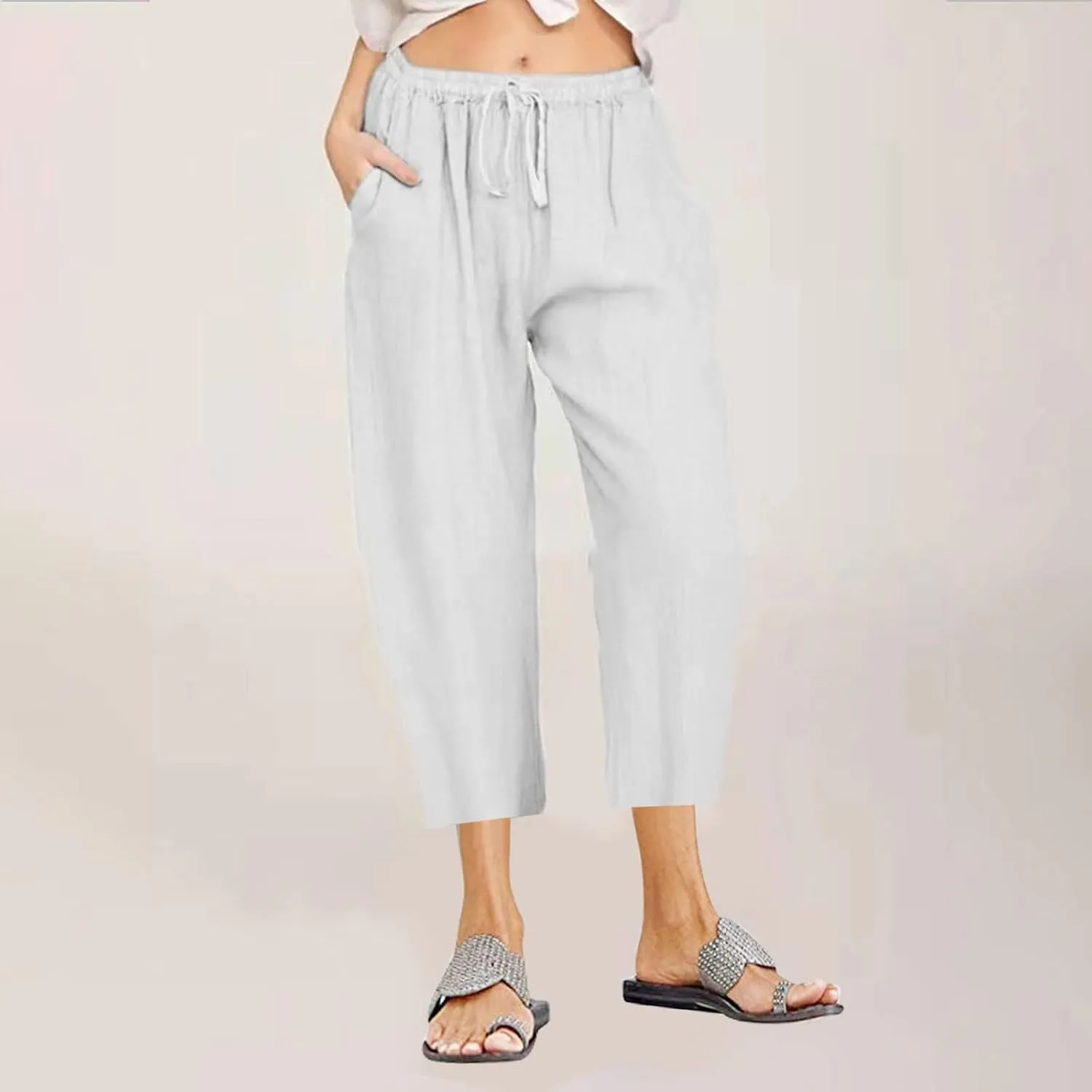 Capri Linen Pants for Women Summer Plus Size Elastic Waist Pants Straight Leg Lounge Pant Casual Cropped Pants