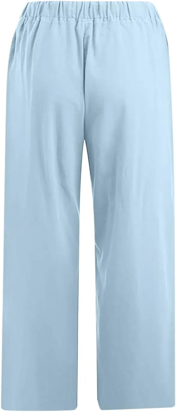 Capri Linen Pants for Women Summer Plus Size Elastic Waist Pants Straight Leg Lounge Pant Casual Cropped Pants