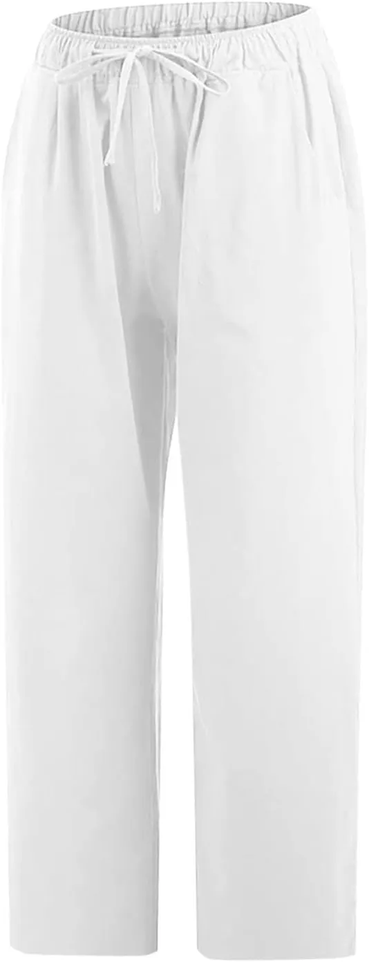 Capri Linen Pants for Women Summer Plus Size Elastic Waist Pants Straight Leg Lounge Pant Casual Cropped Pants