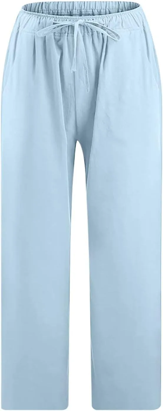Capri Linen Pants for Women Summer Plus Size Elastic Waist Pants Straight Leg Lounge Pant Casual Cropped Pants
