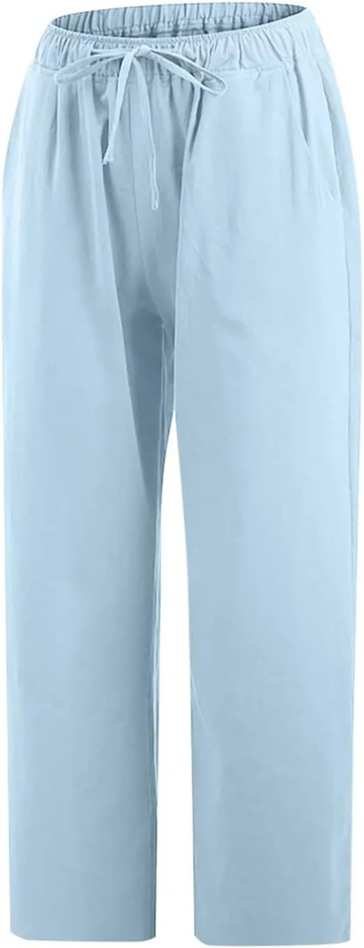 Capri Linen Pants for Women Summer Plus Size Elastic Waist Pants Straight Leg Lounge Pant Casual Cropped Pants