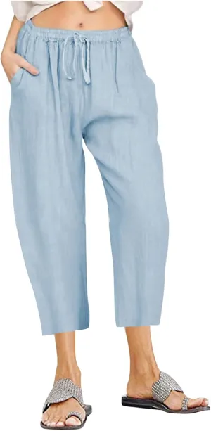 Capri Linen Pants for Women Summer Plus Size Elastic Waist Pants Straight Leg Lounge Pant Casual Cropped Pants