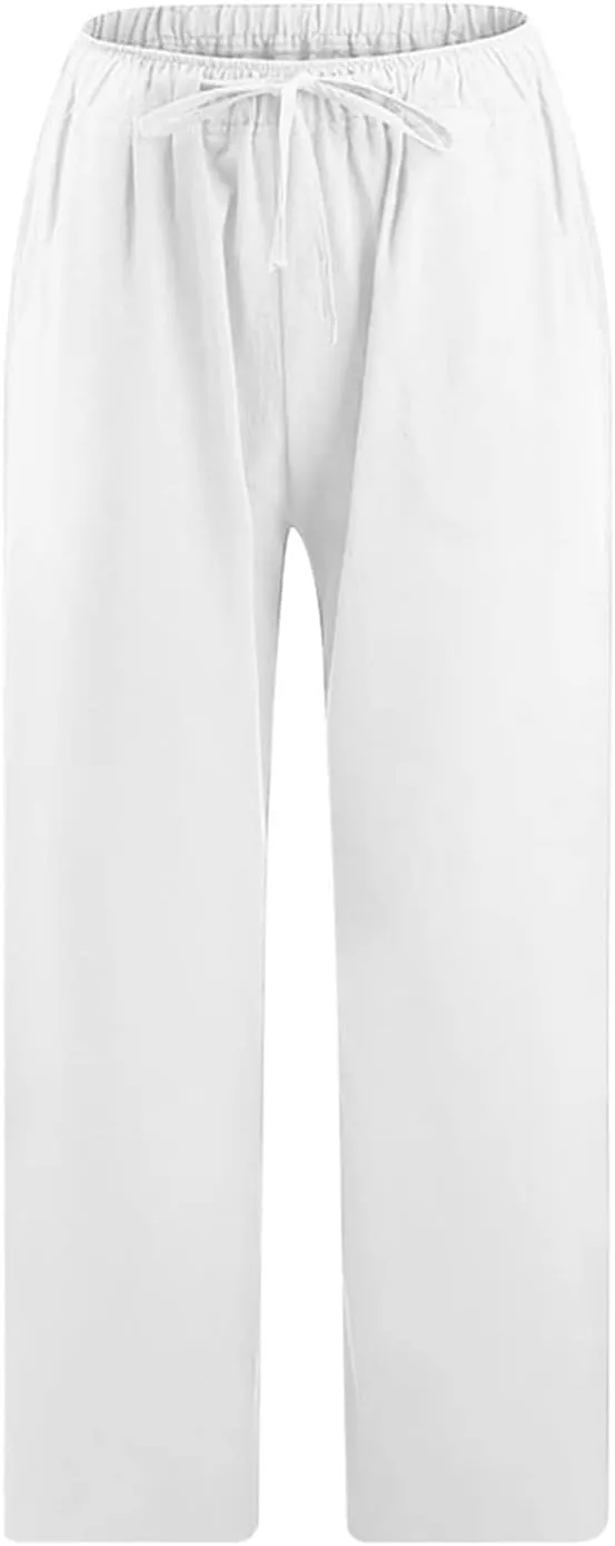 Capri Linen Pants for Women Summer Plus Size Elastic Waist Pants Straight Leg Lounge Pant Casual Cropped Pants