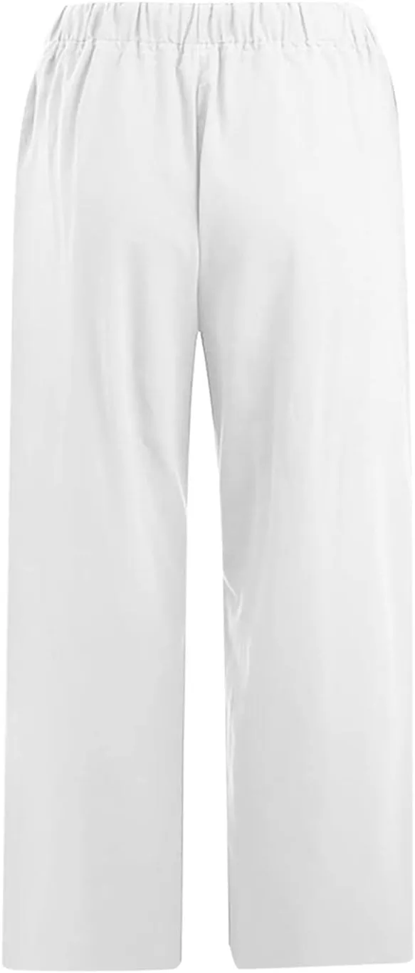 Capri Linen Pants for Women Summer Plus Size Elastic Waist Pants Straight Leg Lounge Pant Casual Cropped Pants