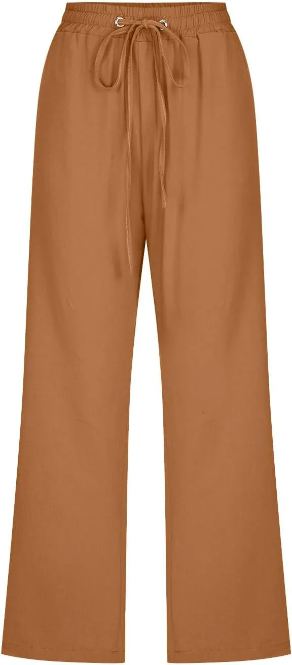 Capri Pants for Women Casual Linen Pants Summer Elastic High Waist Capris Loose Fit Straight Wide Leg Cropped Trouser