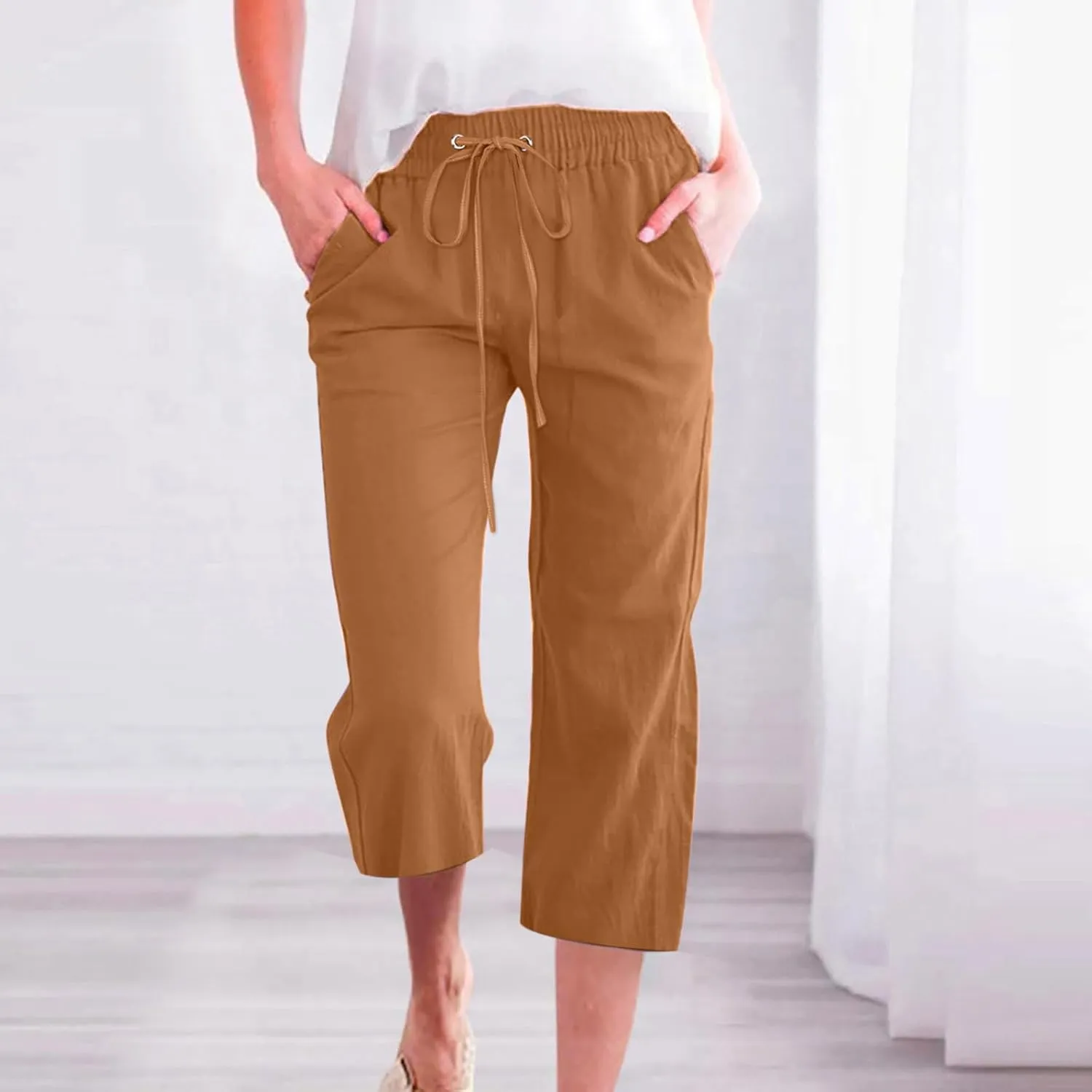 Capri Pants for Women Casual Linen Pants Summer Elastic High Waist Capris Loose Fit Straight Wide Leg Cropped Trouser