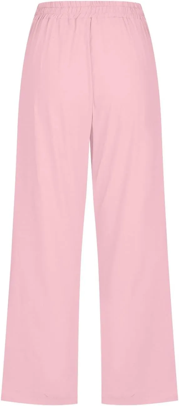 Capri Pants for Women Casual Linen Pants Summer Elastic High Waist Capris Loose Fit Straight Wide Leg Cropped Trouser
